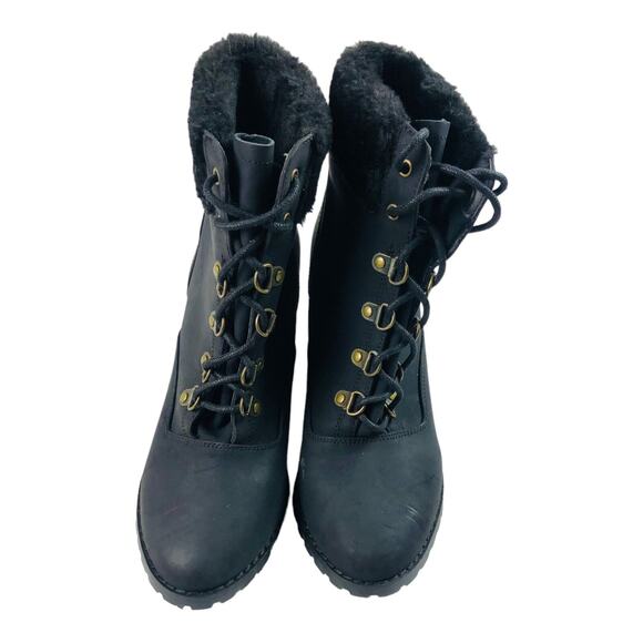 Comfort Plus Womens Black Chunky High Heeled Lace Up Combat Boot Faux Fur Size 7 - Picture 4 of 7